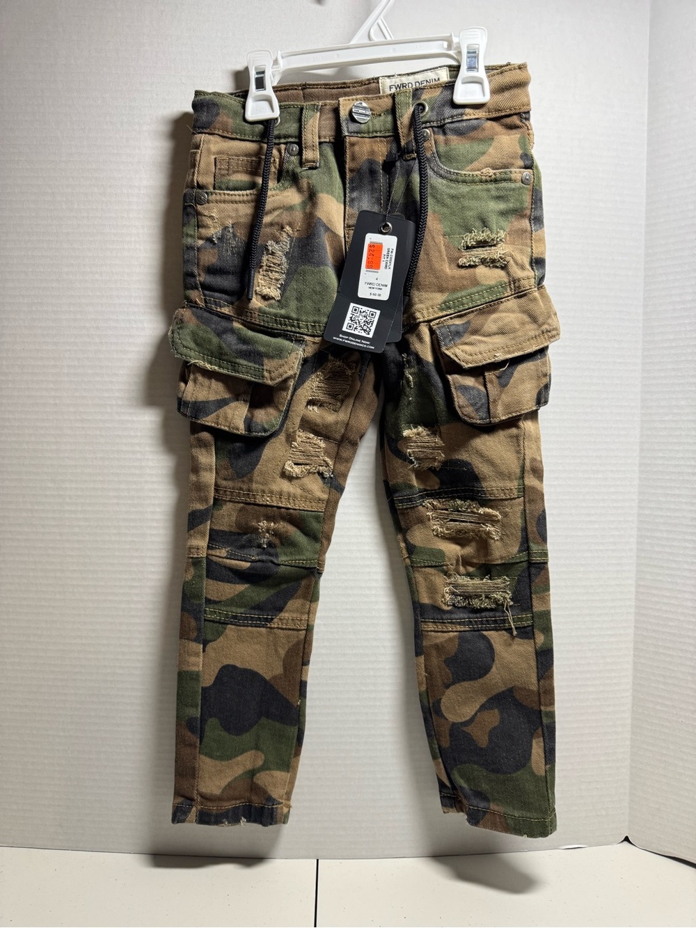 Kids Camo Cargo Pants with Distressed Detail - Green Camouflage